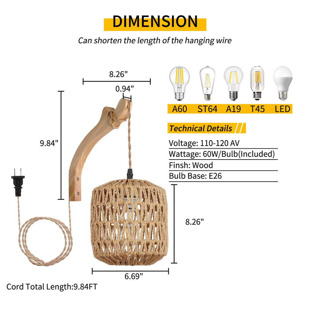 Natural Bamboo Rattan Wall Sconce Plug In Boho Lamp E27
