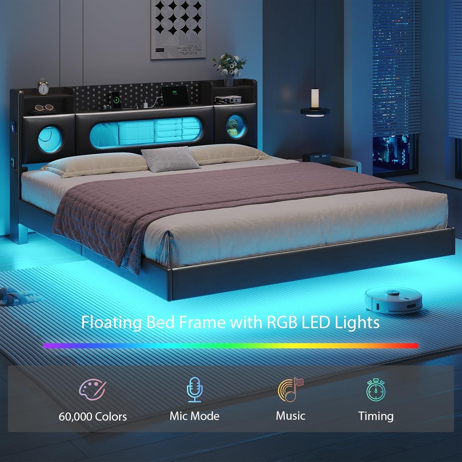 California King Bed Frames, Floating Bed with Storage Headboard & LED Lights, Cal King Bed Frame with Headboard, Platform Bed No Box Spring Needed, Noise-Free, Easy Assembly, PU Black