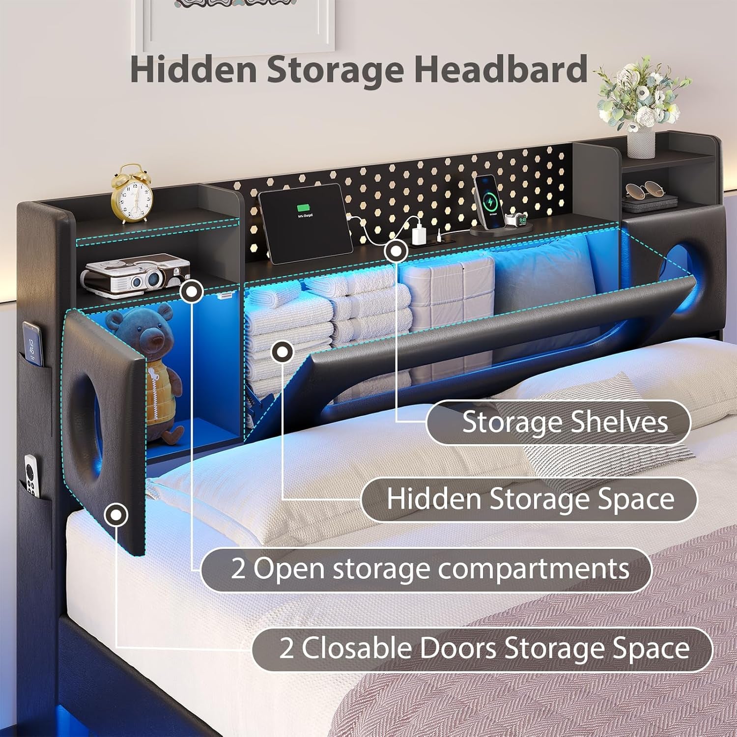 California King Bed Frames, Floating Bed with Storage Headboard & LED Lights, Cal King Bed Frame with Headboard, Platform Bed No Box Spring Needed, Noise-Free, Easy Assembly, PU Black