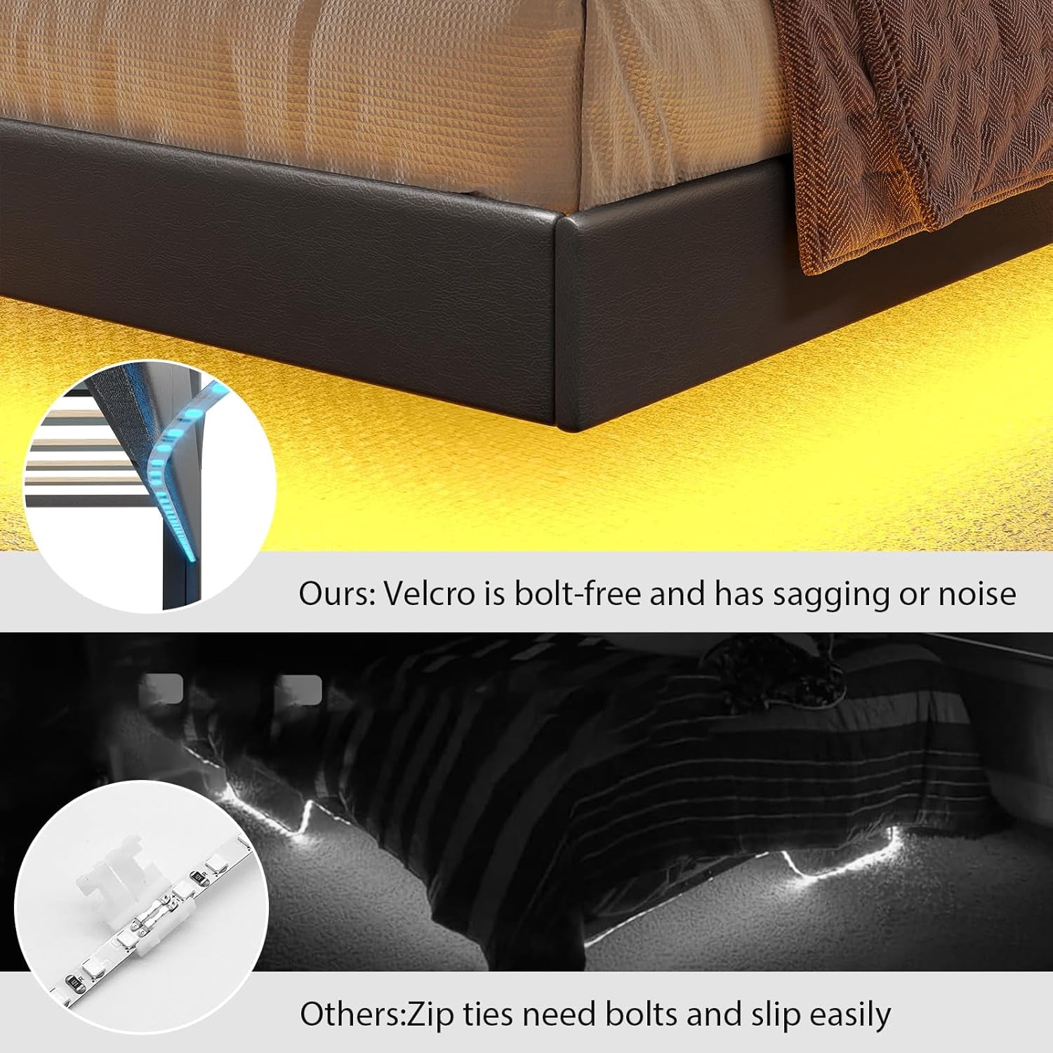 California King Bed Frames, Floating Bed with Storage Headboard & LED Lights, Cal King Bed Frame with Headboard, Platform Bed No Box Spring Needed, Noise-Free, Easy Assembly, PU Black