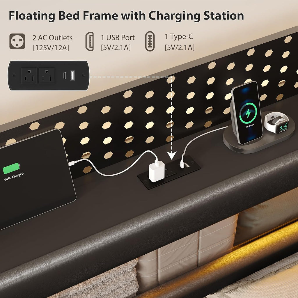 California King Bed Frames, Floating Bed with Storage Headboard & LED Lights, Cal King Bed Frame with Headboard, Platform Bed No Box Spring Needed, Noise-Free, Easy Assembly, PU Black