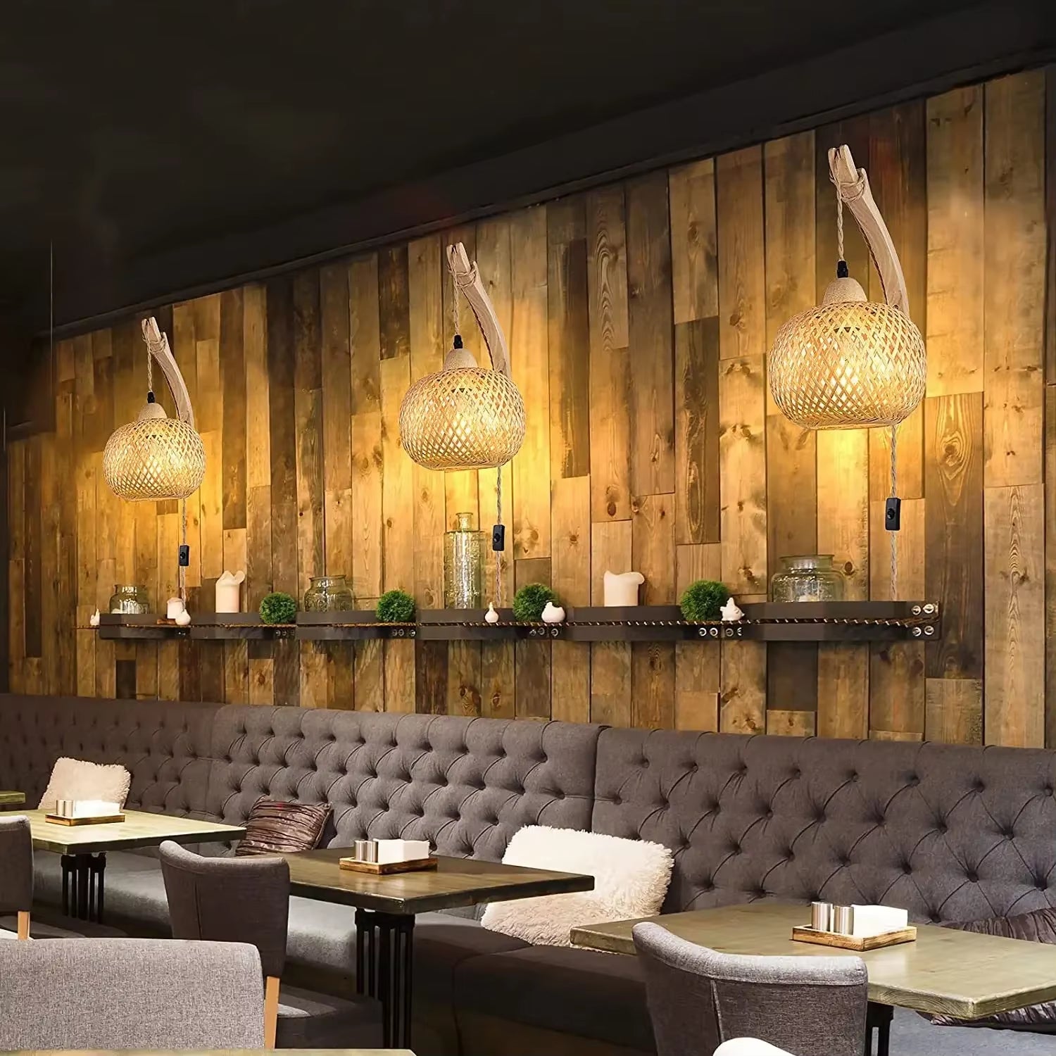 Natural Bamboo Rattan Wall Sconce Plug In Boho Lamp E27