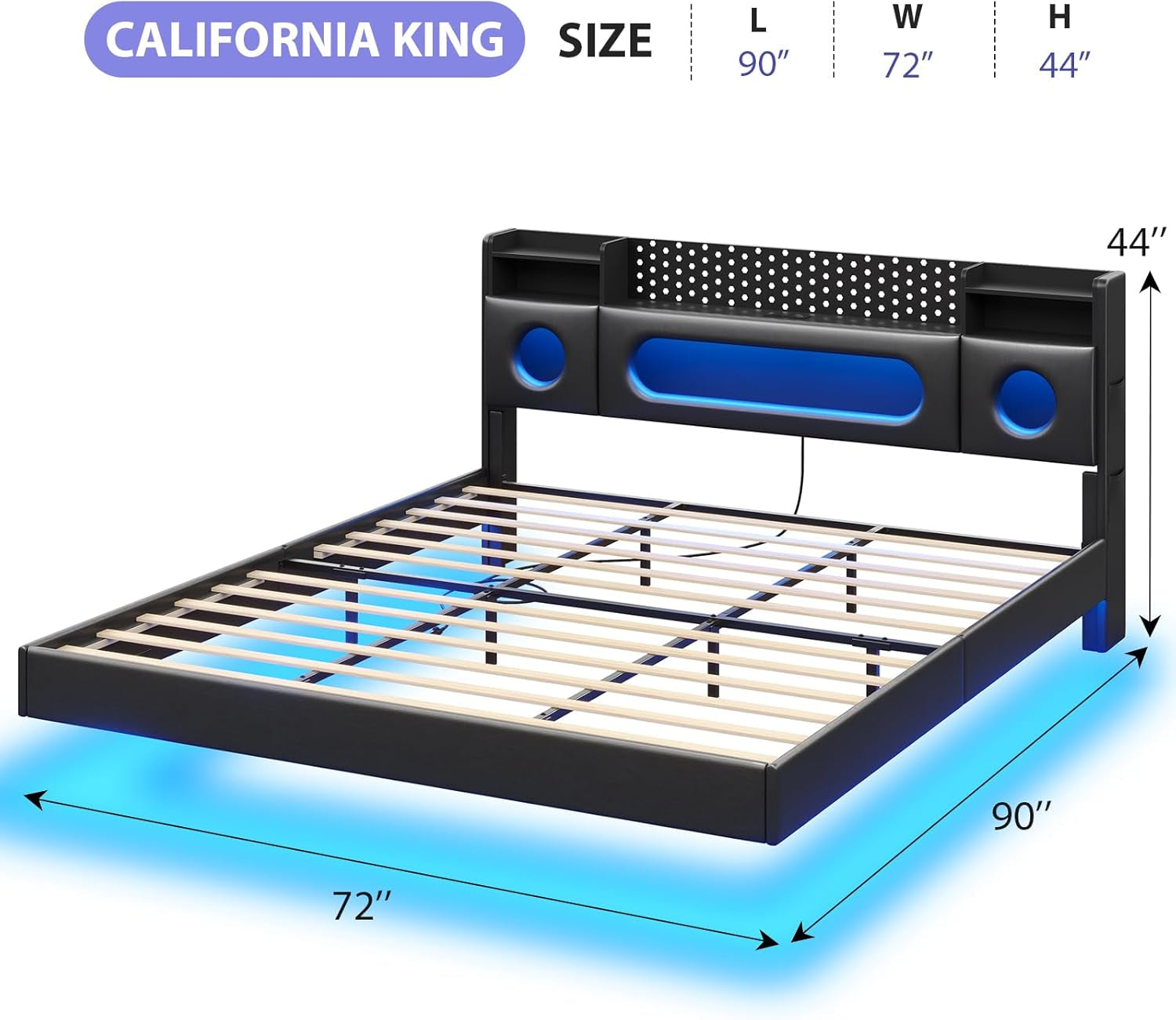 California King Bed Frames, Floating Bed with Storage Headboard & LED Lights, Cal King Bed Frame with Headboard, Platform Bed No Box Spring Needed, Noise-Free, Easy Assembly, PU Black