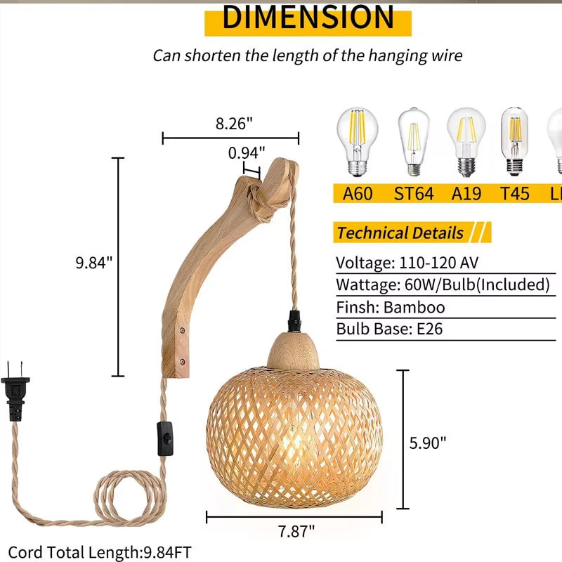 Natural Bamboo Rattan Wall Sconce Plug In Boho Lamp E27