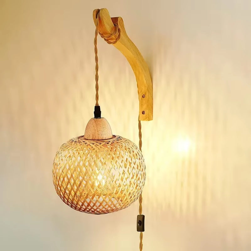 Natural Bamboo Rattan Wall Sconce Plug In Boho Lamp E27