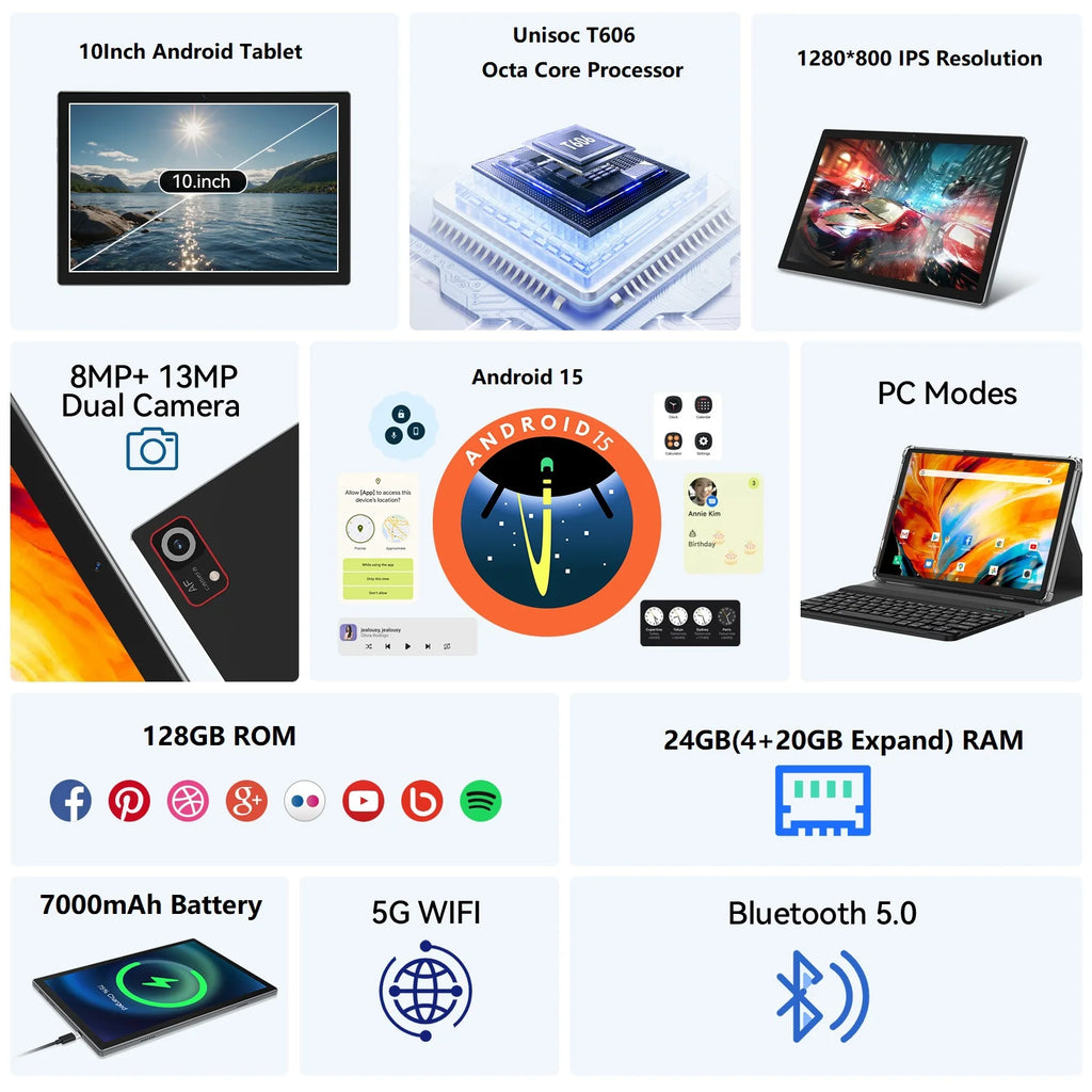 Tablet 10 Inch Android 15 Tablets,128Gb ROM+24GB RAM,5G Wi-Fi Tableta PC,1TB Expand,Octa-Core,5G Wi-Fi,Gps,Bluetooth 5.0,Dual Camera,7000Mah,Split Screen,Face Unlock,2 in 1 Tablet with Keyboard