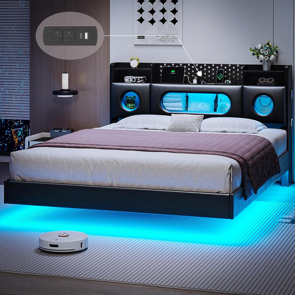 California King Bed Frames, Floating Bed with Storage Headboard & LED Lights, Cal King Bed Frame with Headboard, Platform Bed No Box Spring Needed, Noise-Free, Easy Assembly, PU Black