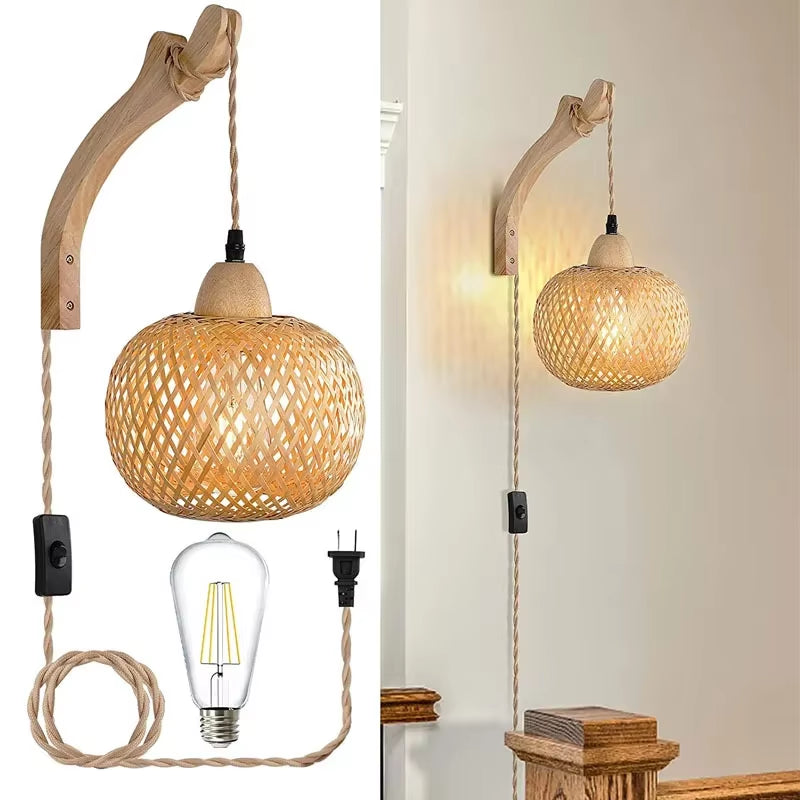 Natural Bamboo Rattan Wall Sconce Plug In Boho Lamp E27