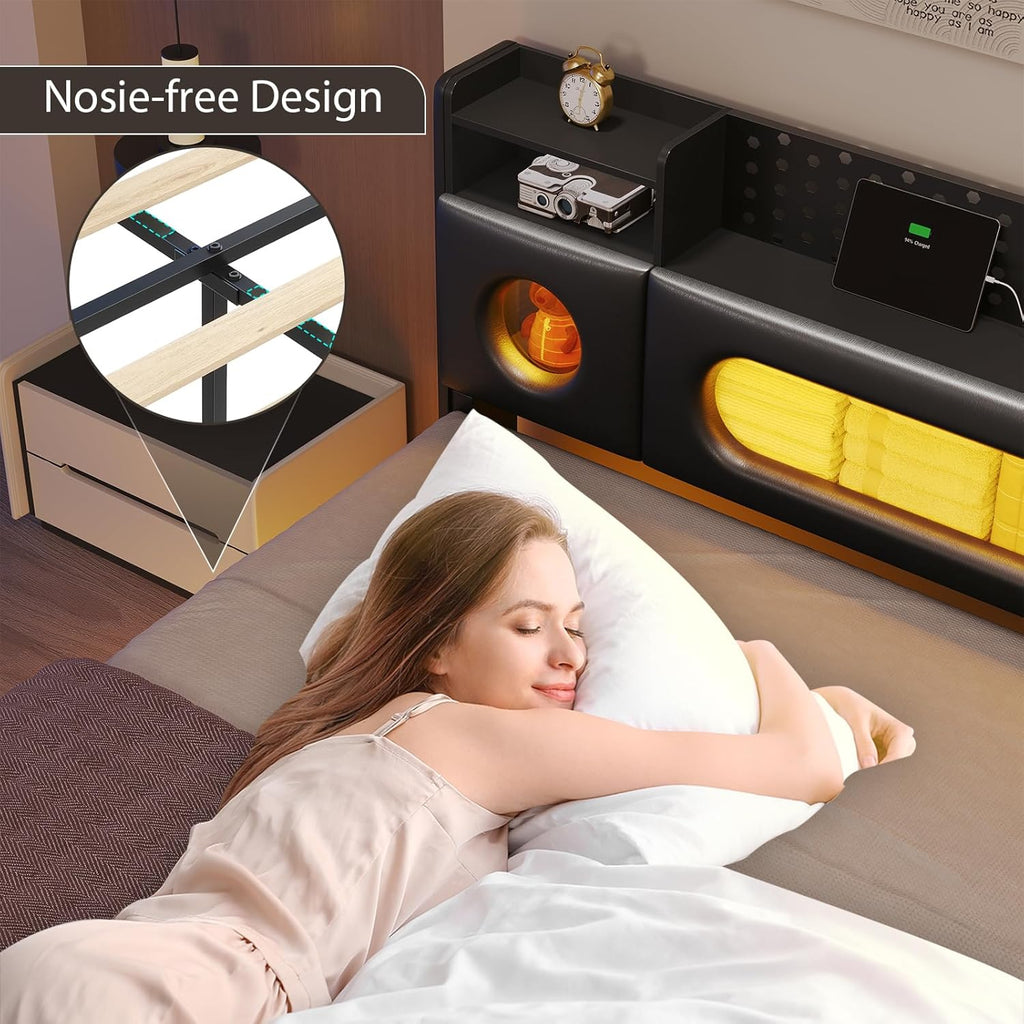 California King Bed Frames, Floating Bed with Storage Headboard & LED Lights, Cal King Bed Frame with Headboard, Platform Bed No Box Spring Needed, Noise-Free, Easy Assembly, PU Black