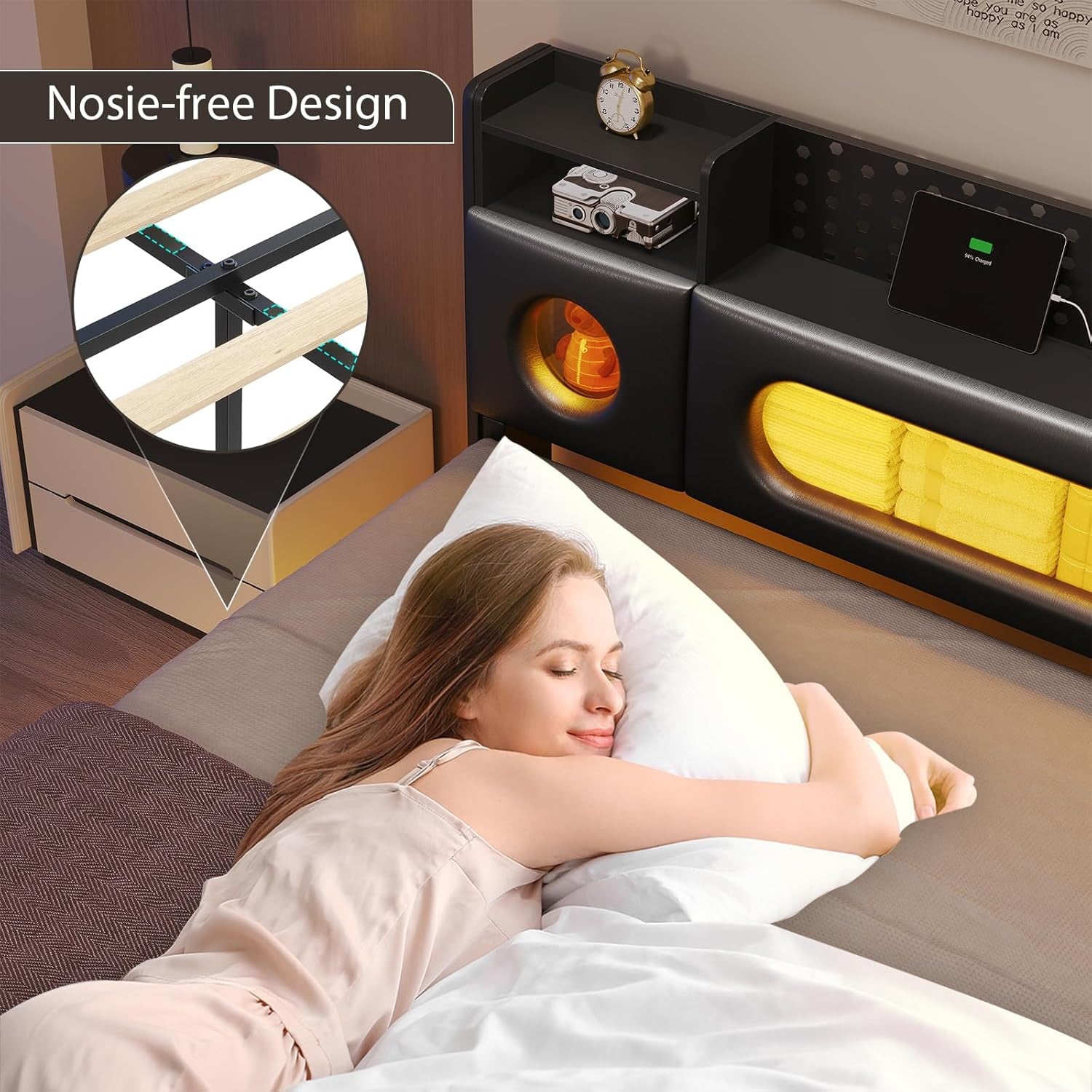 California King Bed Frames, Floating Bed with Storage Headboard & LED Lights, Cal King Bed Frame with Headboard, Platform Bed No Box Spring Needed, Noise-Free, Easy Assembly, PU Black